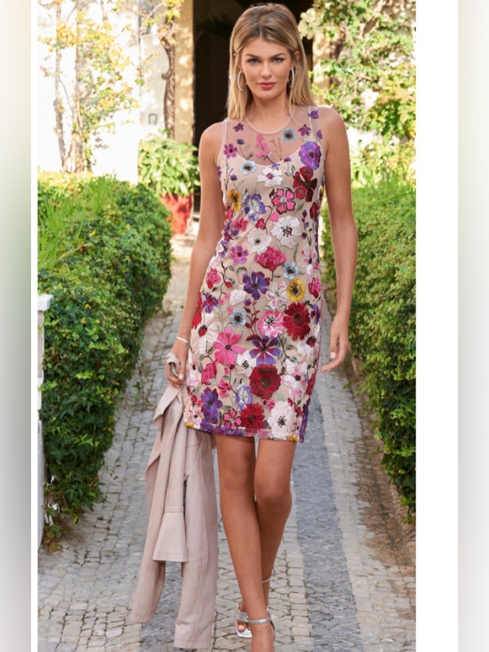 Boston Proper 4 Embroidered Mixed Floral Sheath Nude Sheer Mesh Dress SO pretty